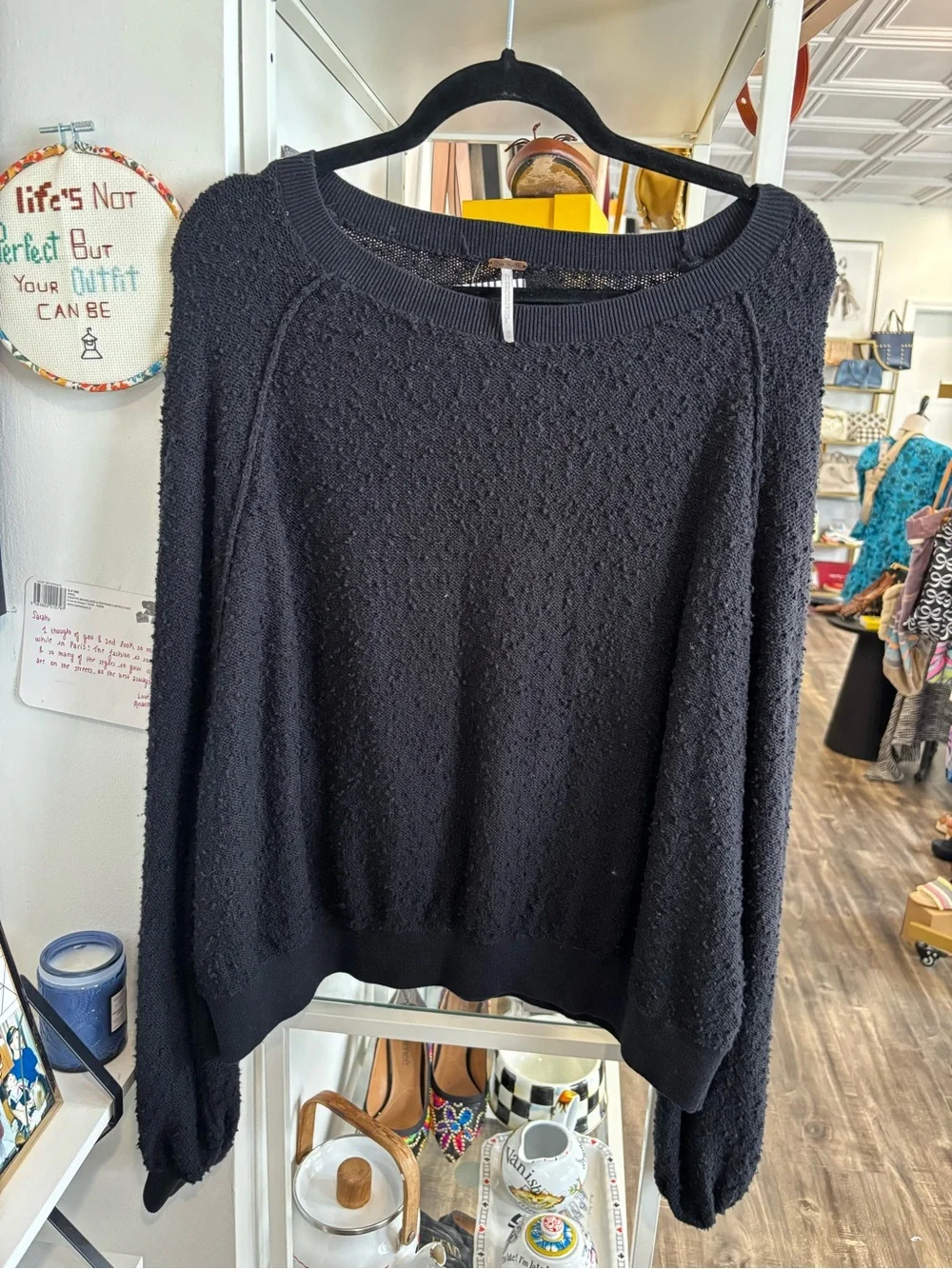 Free People Black Textured Crewneck Sweatshirt